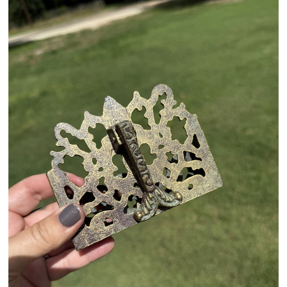 Vintage French Fleur De Lis Metal Business Card Holder w/ Stand Some Patina EUC - Picture 3 of 9